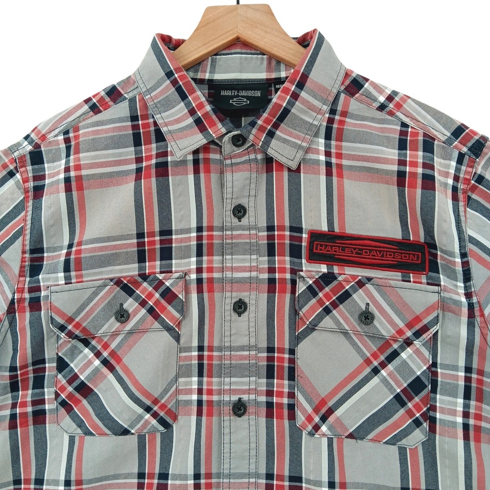 Harley Davidson Shirt Mens L Grey Plaid Short Sleeve Pockets Patches Mechanic